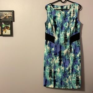 Dressbarn Blue Teal Black Purple Tie Dye Sheath Dress Sleeveless size 8